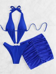 Ring Linked Halter One Piece Swimsuit With Beach Skirt - Royal Blue - View 5