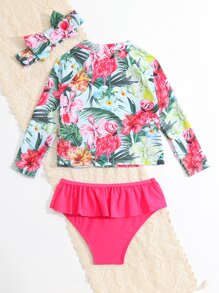 Young Girl Tropical Print Ruffle Trim Bikini Set & Accessory Headband Summer Beach - Multicolor - View 2