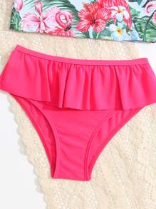 Young Girl Tropical Print Ruffle Trim Bikini Set & Accessory Headband Summer Beach - Multicolor - View 3