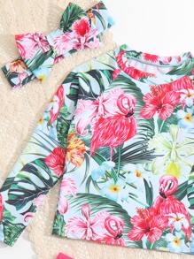 Young Girl Tropical Print Ruffle Trim Bikini Set & Accessory Headband Summer Beach - Multicolor - View 4