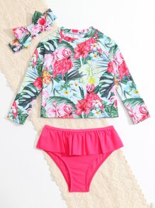 Young Girl Tropical Print Ruffle Trim Bikini Set & Accessory Headband Summer Beach - Multicolor - View 5