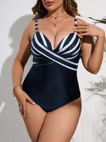 SHEIN Swim Curve Push-Up Badeanzug mit Streifen, Überkreuzt & Gewickelt,
