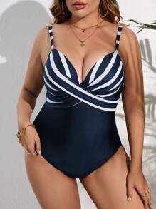SHEIN Swim Curve Push-Up Badeanzug mit Streifen, Überkreuzt & Gewickelt,