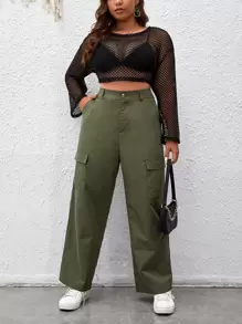 SHEIN Coolane Plus High Waist Flap Pocket Side Cargo Trousers - Army Green - View 1