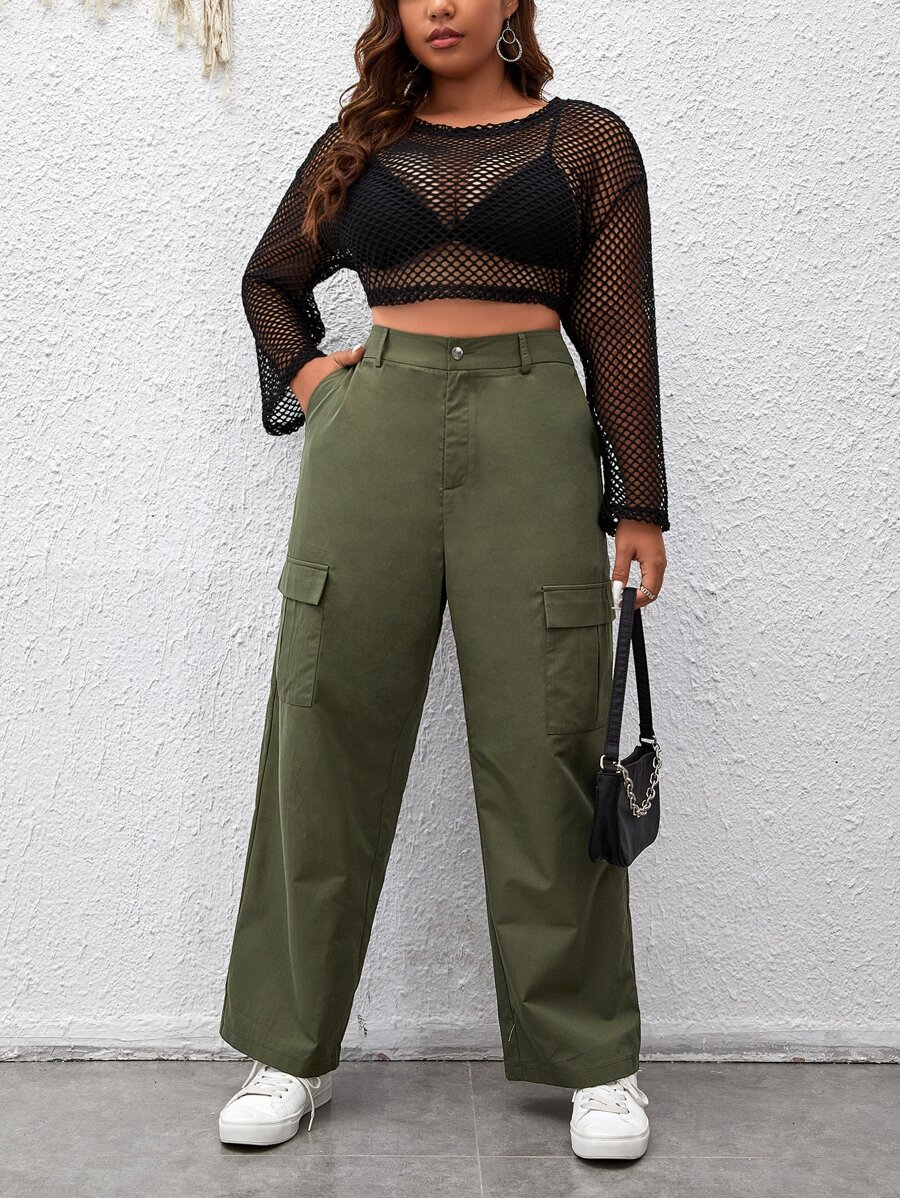 SHEIN Coolane Plus High Waist Flap Pocket Side Cargo Trousers - Army Green - View 1