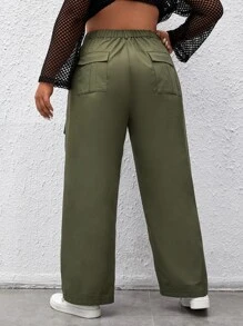 SHEIN Coolane Plus High Waist Flap Pocket Side Cargo Trousers - Army Green - View 2