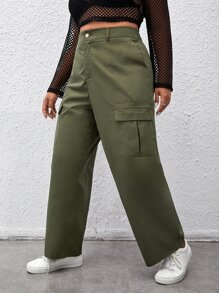 SHEIN Coolane Plus High Waist Flap Pocket Side Cargo Trousers - Army Green - View 3