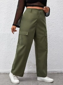 SHEIN Coolane Plus High Waist Flap Pocket Side Cargo Trousers - Army Green - View 4