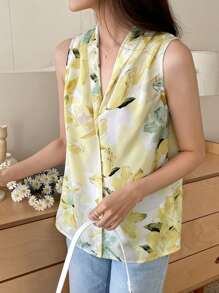 DAZY Blouse met bloemenprint, knoopsluiting aan de voorkant, mouwloze tops