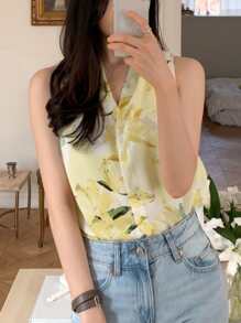 DAZY Blouse met bloemenprint, knoopsluiting aan de voorkant, mouwloze tops