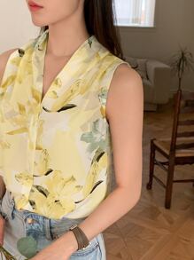 DAZY Blouse met bloemenprint, knoopsluiting aan de voorkant, mouwloze tops