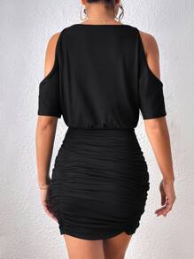 INAWLY Solva Cold Shoulder Ruched Bodycon Dress - Black - View 2