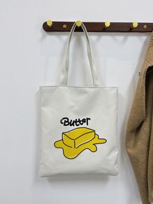 小單肩托特包學院卡通字母和黃油圖案輕便可折疊適用於購物和學校帆布購物袋可折疊包適用於學校工作旅行