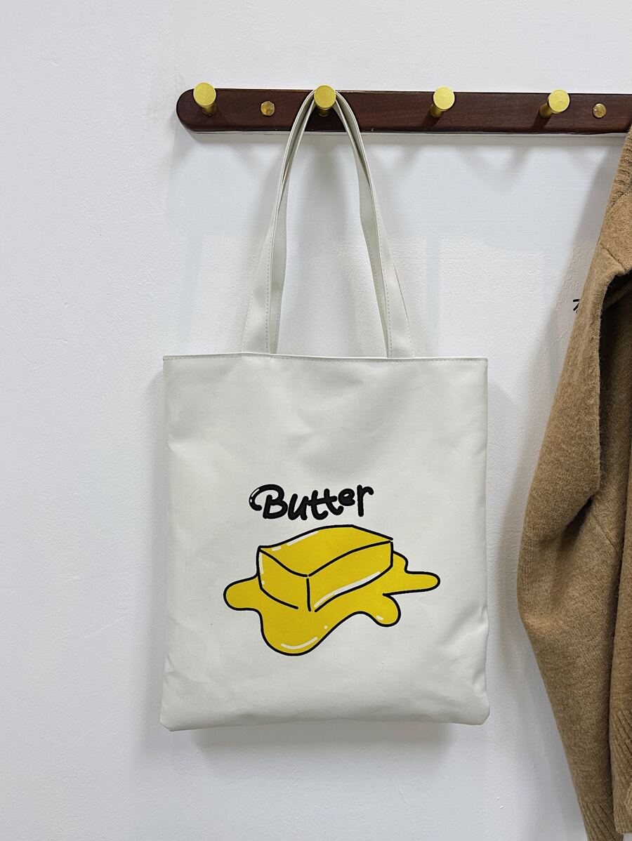 小單肩托特包學院卡通字母和黃油圖案輕便可折疊適用於購物和學校帆布購物袋可折疊包適用於學校工作旅行