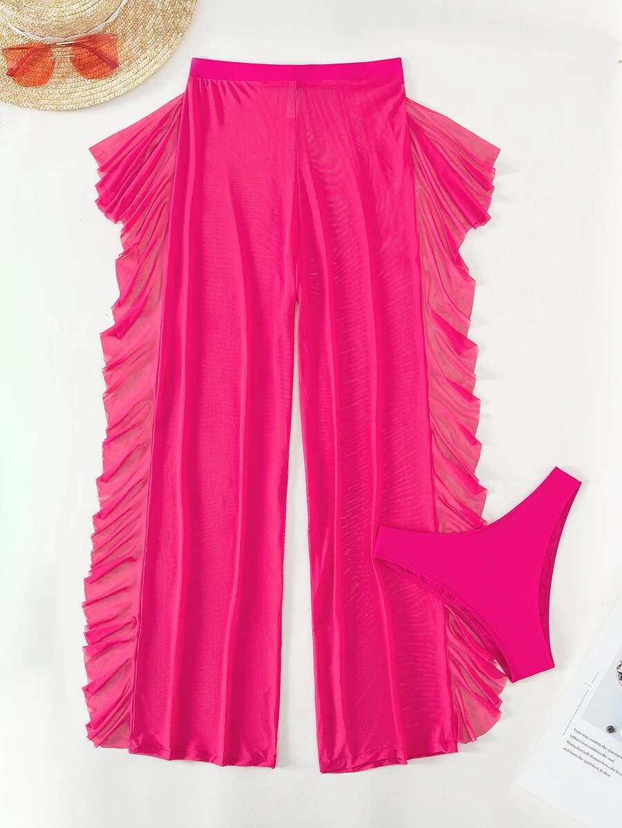 Summer Ruffle Trim Bikini Bottom With Cover Up Pants - Hot Pink - View 1