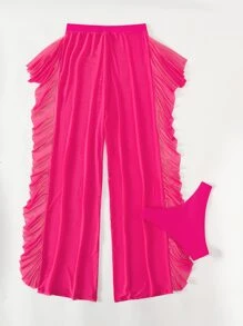 Summer Ruffle Trim Bikini Bottom With Cover Up Pants - Hot Pink - View 2