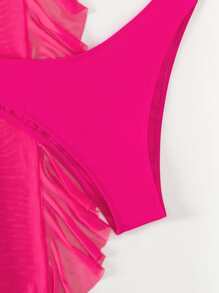 Summer Ruffle Trim Bikini Bottom With Cover Up Pants - Hot Pink - View 3