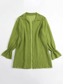 SHEIN Solid Open Front Flounce Sleeve Kimono - Olive Green - View 3
