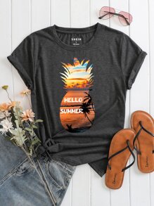 SHEIN LUNE Camiseta con estampado tropical con letra - Gris Oscuro - Ver 1