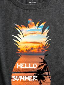 SHEIN LUNE Camiseta con estampado tropical con letra - Gris Oscuro - Ver 5