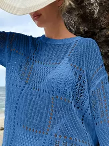 SHEIN Swim Summer Beach Hollow Out Drop Shoulder Cover Up Without Bikini - Blue - View 3