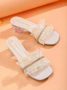 女士珍珠和水鑽裝飾荷葉邊透明粗跟魅力四射PVC穆勒涼鞋適合婚禮 - 米色 - 查看 2