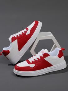 男士字母圖案雙色繫帶運動板鞋適用於戶外 - 紅白色 - 查看 2