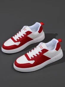 男士字母圖案雙色繫帶運動板鞋適用於戶外 - 紅白色 - 查看 3