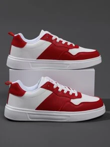 男士字母圖案雙色繫帶運動板鞋適用於戶外 - 紅白色 - 查看 4