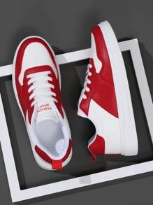 男士字母圖案雙色繫帶運動板鞋適用於戶外 - 紅白色 - 查看 5