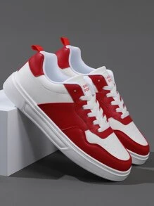 男士字母圖案雙色繫帶運動板鞋適用於戶外 - 紅白色 - 查看 6