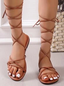 女士交叉腿部繫帶設計平底時尚綁帶涼鞋適合夏天 - 棕色 - 查看 2