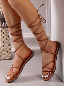 女士交叉腿部繫帶設計平底時尚綁帶涼鞋適合夏天 - 棕色 - 查看 3