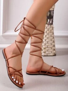 女士交叉腿部繫帶設計平底時尚綁帶涼鞋適合夏天 - 棕色 - 查看 6