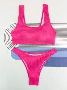 SHEIN Swim Summer Beach Plain High Cut Bikini Set - Hot Pink - View 4