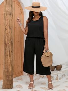 SHEIN LUNE 大碼素色背心上衣和闊腿褲 - 黑色 - 查看 1