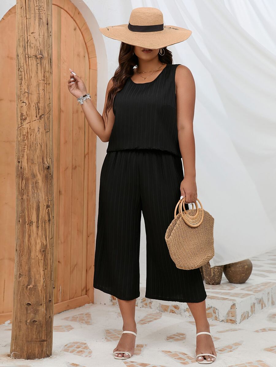 SHEIN LUNE 大碼素色背心上衣和闊腿褲 - 黑色 - 查看 1