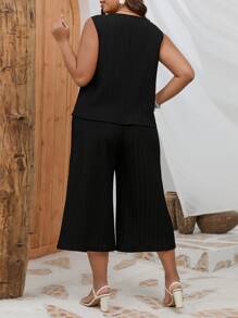 SHEIN LUNE 大碼素色背心上衣和闊腿褲 - 黑色 - 查看 2