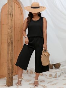 SHEIN LUNE 大碼素色背心上衣和闊腿褲 - 黑色 - 查看 4