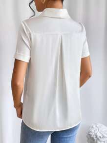 SHEIN Privé Solid Shawl Collar Button Front Satin Shirt - Beige - View 2