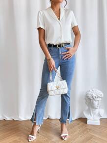 SHEIN Privé Solid Shawl Collar Button Front Satin Shirt - Beige - View 3