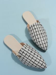 Oversized Women's 35-45 Gold Pointed Toe Flat Mule Shoes, New Autumn Outdoor Daily Loafers PU Leather Soft Bottom Slip-On Flats, Versatile To Pair With Dresses - 黑與白 - 查看 2