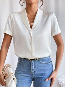 SHEIN Privé Solid Shawl Collar Button Front Satin Shirt - Beige - View 4