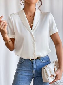 SHEIN Privé Solid Shawl Collar Button Front Satin Shirt - Beige - View 5