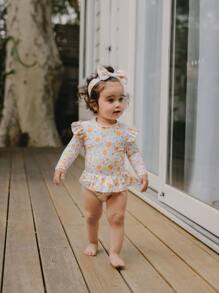 女嬰可愛小碎花拉鍊裙式連體泳衣，飛邊設計適合度假防曬，配有頭帶適合夏季海灘 - 彩色 - 查看 6