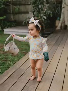 女嬰可愛小碎花拉鍊裙式連體泳衣，飛邊設計適合度假防曬，配有頭帶適合夏季海灘 - 彩色 - 查看 9