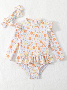 女嬰可愛小碎花拉鍊裙式連體泳衣，飛邊設計適合度假防曬，配有頭帶適合夏季海灘 - 彩色 - 查看 10