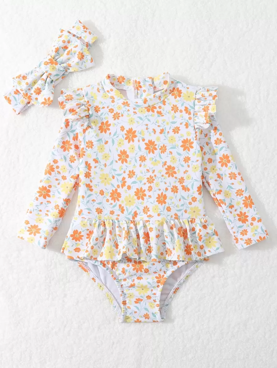 Baby Girl Cute Ditsy Floral Zipper Skirted One Piece Swimsuit With Fly Edge Design For Holiday Vacation Sun Protection, Comes With Headband - Multicolor - View 1