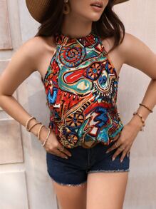 SHEIN VCAY Áo hở vai in họa tiết toàn thân Áo thun nữ - Nhiều màu - Xem 1