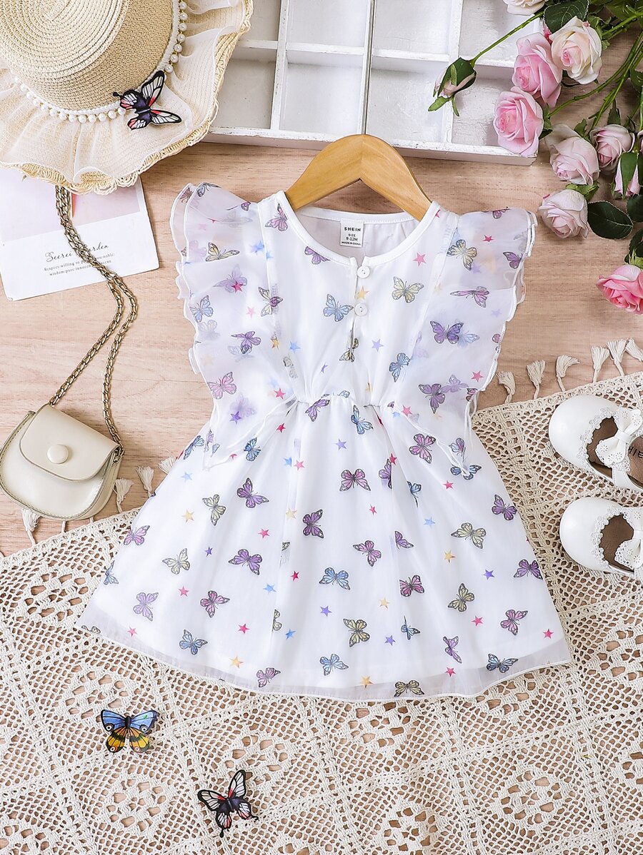 SHEIN Bebé Vestido con estampado de mariposa ribete con fruncido - Blanco - Ver 1